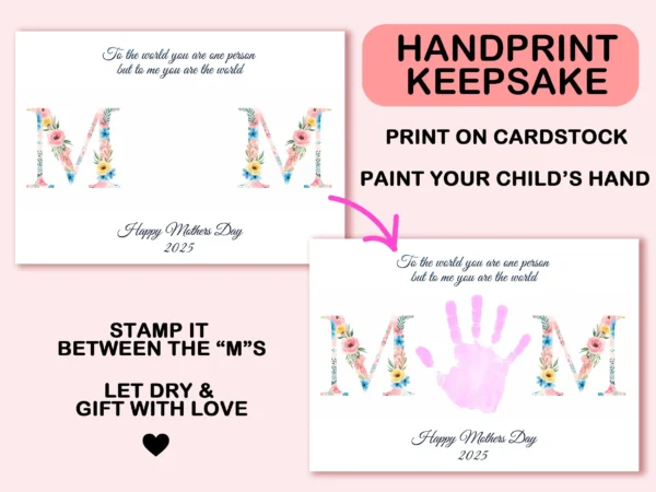 Mother’s Day Handprint Keepsake Craft Printable Gift for Mom Floral MOM Poem Art Activity for Preschool Kids DIY Handprint Card Fun